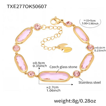 Txe277-Gold Pink Glass Stone Bracelet 16 5cm