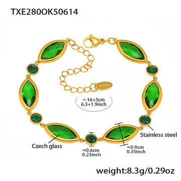 Txe280-Gold Green Glass Stone Bracelet 16 5cm