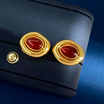 Gold Red Agate Ear Studs
