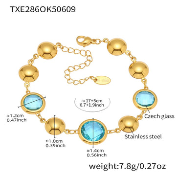 Txe286-Gold Blue Glass Stone Bracelet 16 5cm