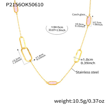 P2156-Gold Pink Glass Stone Necklace 84 5cm