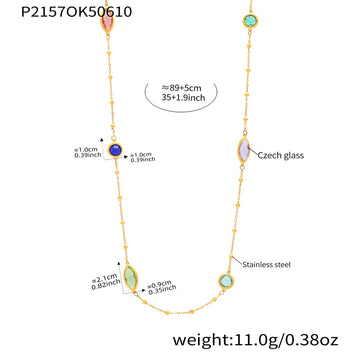 P2157-Gold Mixed Colored Glass Stone Necklace 89 5cm