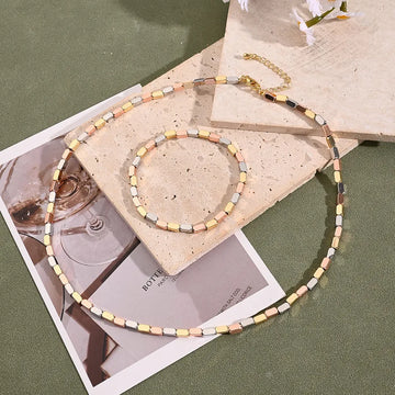 6x3mm Light Gold Rectangular Elastic Bracelet & Necklace Suit (White Gold Color & Gold & Rose Gold) [Inner Diameter: 50mm & String Length: 455+50mm]