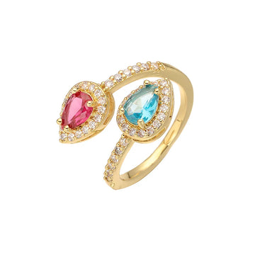 Gold Colorful Crystals Double Water Drop Ring