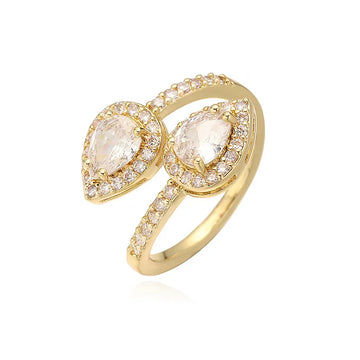 Gold White Diamond Double Water Drop Ring