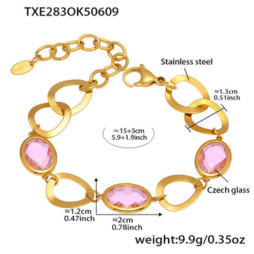 Txe283-Gold Pink Glass Stone Bracelet 16 5cm