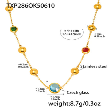 Txp286-Gold Mixed Colored Glass Stone Necklace 44 5cm