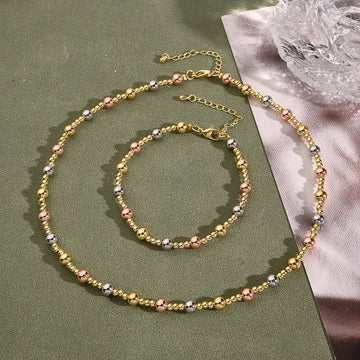 6mm Ball Bracelet & Necklace Suit (Gold & White Gold Color & Rose Gold)【String Length: 200+50mm & 420+50mm】