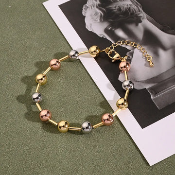 8mm Straight Tube Ball Bracelet (Gold & White Gold Color & Rose Gold)【String Length: 190+50mm】