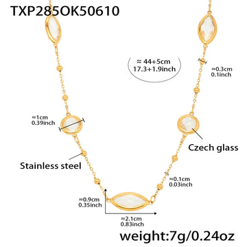 Txp285-Gold White Glass Stone Necklace 44 5cm