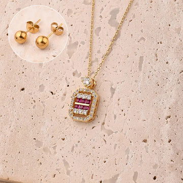 Purple Zircon Rectangular Necklace & Earrings Suit (Gold)【String Length: 445+50mm & Needle Thickness: 0.8mm】
