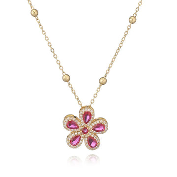 Gold Rose Red Diamond Five Petal Flower Necklace