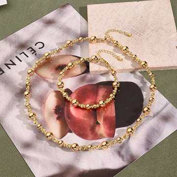 Gold 8mm round Beads Spiral Pattern Small Beads round Beads Bracelet & Necklace Suit (Gold)【String Length: 180+50mm & 410+50mm】