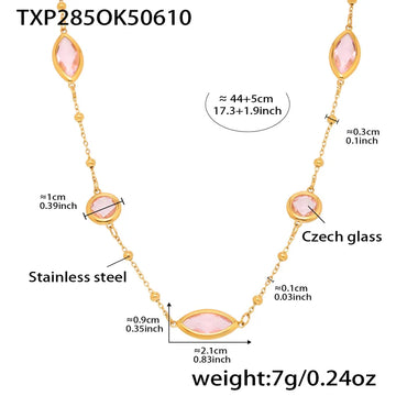 Txp285-Gold Pink Glass Stone Necklace 44 5cm