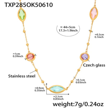 Txp285-Gold Mixed Colored Glass Stone Necklace 44 5cm