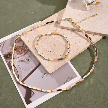 8x3mm Light Gold Rectangular Elastic Bracelet & Necklace Suit (White Gold Color & Gold & Rose Gold) [Inner Diameter: 50mm & String Length: 455+50mm]