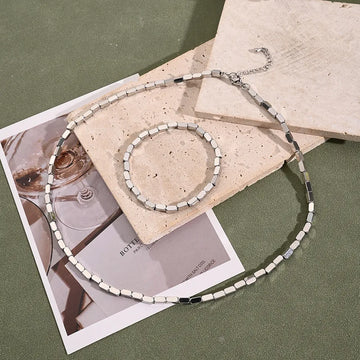 6x3mm Light Gold Rectangular Elastic Bracelet & Necklace Suit (White Gold Color) [Inner Diameter: 50mm & String Length: 450+50mm]
