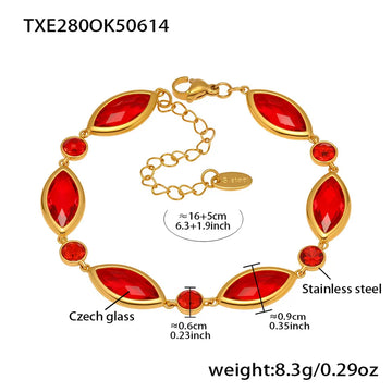 Txe280-Gold Red Glass Stone Bracelet 16 5cm