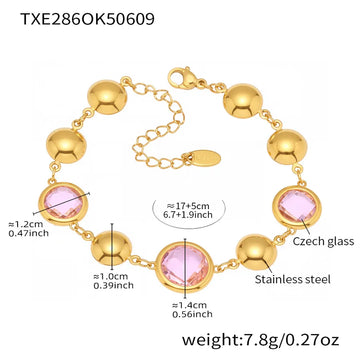 Txe286-Gold Pink Glass Stone Bracelet 16 5cm