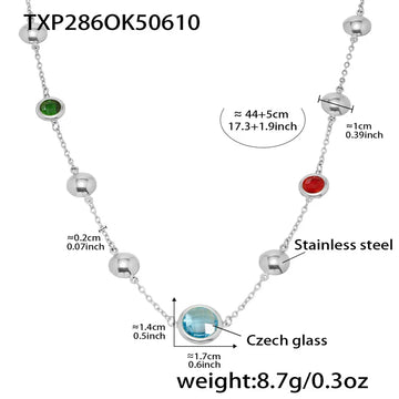 Txp286-Steel Mixed Color Glass Stone Necklace 44 5cm