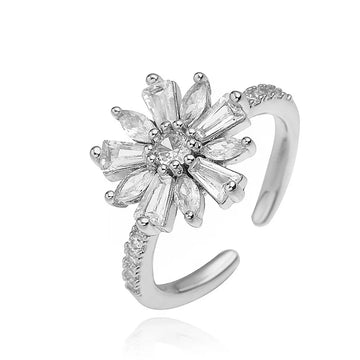 White Gold Color T Square White Diamond Sunflower Ring