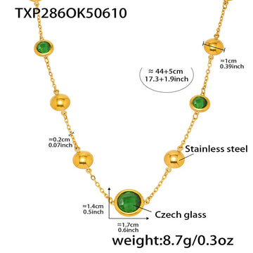 Txp286-Gold Green Glass Stone Necklace 44 5cm