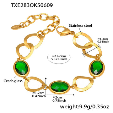 Txe283-Gold Green Glass Stone Bracelet 16 5cm