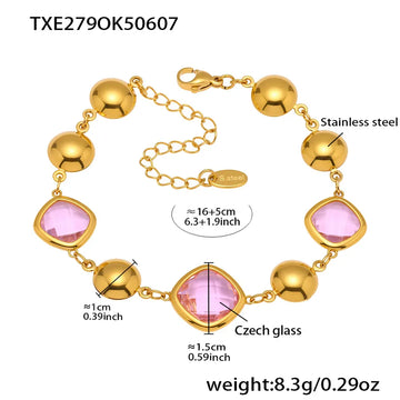 Txe279-Gold Pink Glass Stone Bracelet 16 5cm