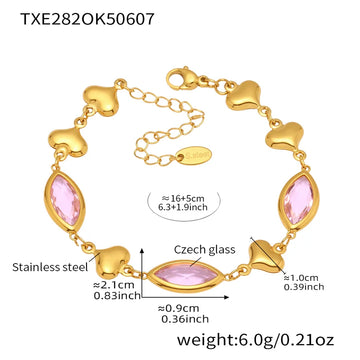Txe282-Gold Pink Glass Stone Bracelet 16 5cm