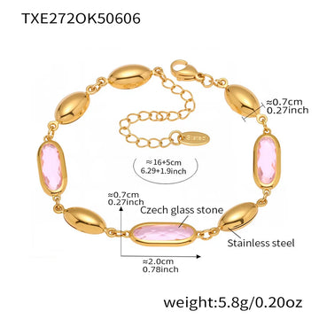 Txe272-Gold Pink Glass Stone Bracelet 16 5cm