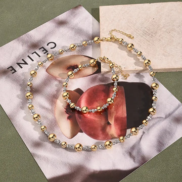 Gold 8mm round Beads Spiral Pattern Small Beads round Beads Bracelet & Necklace Suit (Gold & White Gold Color)【String Length: 180+50mm & 410+50mm】