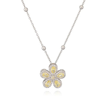 White Gold Color Yellow Diamond Five Petal Flower Necklace