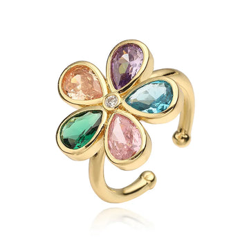 Gold Colorful Crystals Water Drop Five Petal Flower Ring