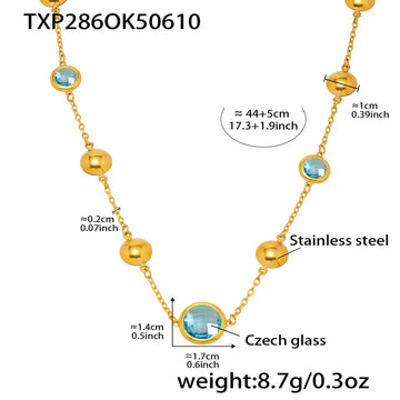Txp286-Gold Blue Glass Stone Necklace 44 5cm