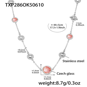 Txp286-Steel Pink Glass Stone Necklace 44 5cm