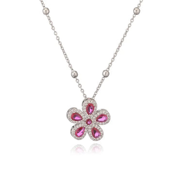 White Gold Color Rose Red Diamond Five Petal Flower Necklace