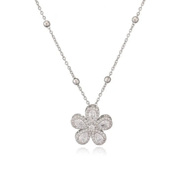 White Gold Color White Diamond Five Petal Flower Necklace
