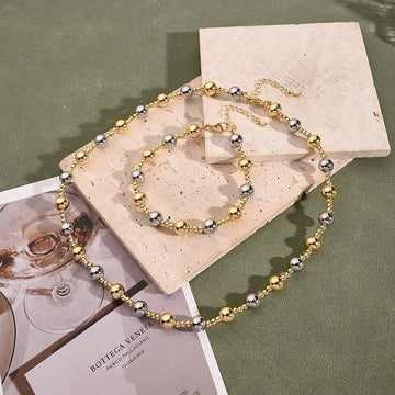 8mm Ball Bracelet & Necklace Suit (White Gold Color & Gold)【String Length: 190+40mm & 430+50mm】