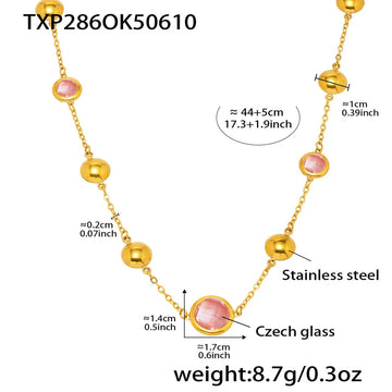 Txp286-Gold Pink Glass Stone Necklace 44 5cm