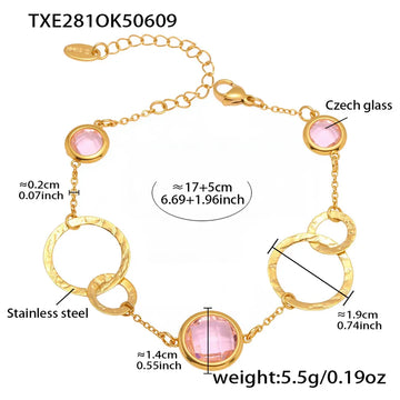 Txe281-Gold Pink Glass Stone Bracelet 16 5cm
