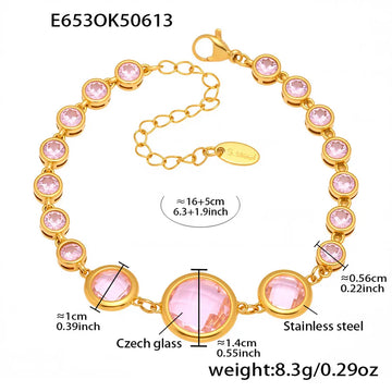 E653-Gold Pink Glass Stone Bracelet 16 5cm