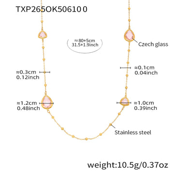 Txp265-Gold Pink Glass Stone Necklace 80 5cm