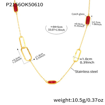 P2156-Gold Red Glass Stone Necklace 84 5cm