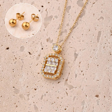 White Zircon Rectangular Necklace & Earrings Suit (Gold)【String Length: 445+50mm & Needle Thickness: 0.8mm】