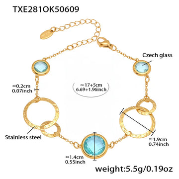 Txe281-Gold Blue Glass Stone Bracelet 16 5cm