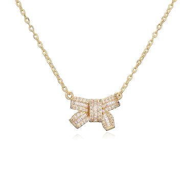 Gold T Square White Diamond Bow Necklace 1