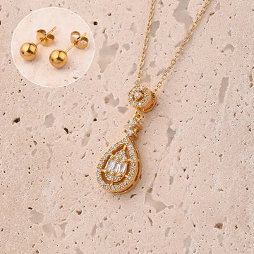 White Zircon Water Drops Necklace & Earrings Suit (Gold)【String Length: 440+50mm & Needle Thickness: 0.8mm】