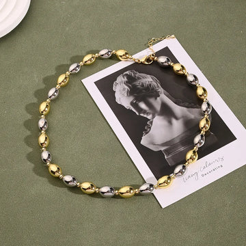 10mm Light Gold Two-Tone Horse Eye & Round Beads Necklace (Gold & White Gold Color)【String Length: 465+50mm】