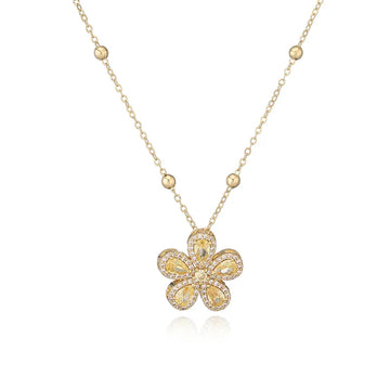 Gold Yellow Diamond Five Petal Flower Necklace