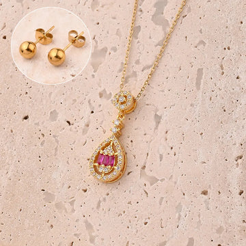 Purple Zircon Water Drops Necklace & Earrings Suit (Gold)【String Length: 440+50mm & Needle Thickness: 0.8mm】